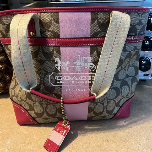 Coach Heritage Signature Stripe Pink/Tan Tote Bag - Picture 2 of 2